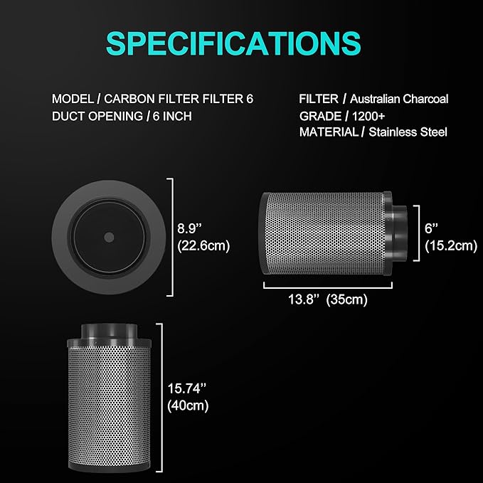 Air Carbon Filter 6 Inch ,Smellines Control Removes 3X More Odors Contaminants. Australian Virgin Charcoal,Carbon Filter for Grow Tent, Hydroponics, Pre-Filter Included (6inch)