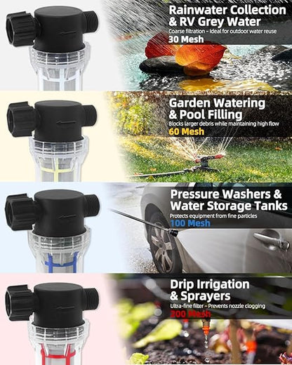 GIEX 30 Mesh Garden Hose Filter with Quick Connect, 3/4" GHT Thread Sediment Trap for Rainwater Collection, RV Gray Water & Washing Machine Discharge