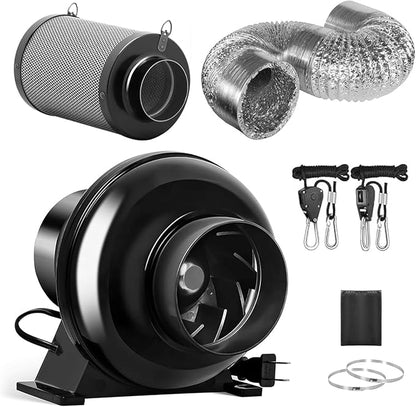 iPower 4" 195 CFM Inline Fan with Upgrade Air Carbon Filter, 8 FT Silver Ducting & Rope Hanger, Ventilation System for Grow Tent, Hydroponics, Air Circulation