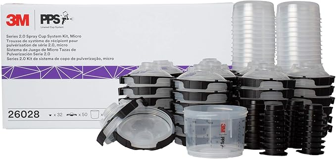 3M PPS 2.0 Spray Gun Cup, Lids and Liners Kit, 26028, Micro, 3 Ounces, 200-Micron Filter, Use for Cars, Furniture, House and More, 1 Mini Paint Cup, 50 Micro Liners, 50 Lids, 32 Sealing Plugs