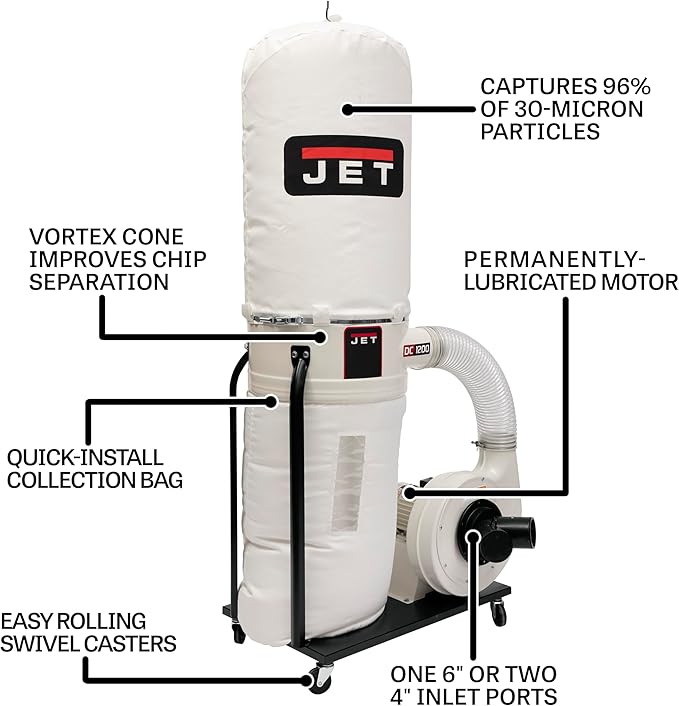 JET Vortex Cone Dust Collector, 30-Micron Bag Filter, 2 HP, 230V 1Ph (Model DC-1200VX-BK1)