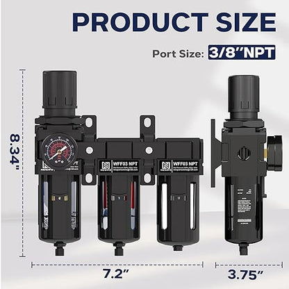 NEWPO 3/8" NPT 3 Stage Air Dryer for Compressor, Air Drying System with 5＆0.01 Micron Filter Cartridge，Desiccant Dryer & Air Regulator, Metal Bowl Semi-Auto Drain