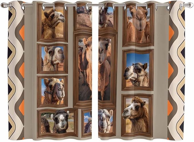 2 Panel Kitchen Cafe Curtains, Desert Camels Sunlight Filtering Nature Air Through, Home Decor Window Covering Tier Curtains for Living Room 104W x 72L inch Western Wildlife Brown Animals Country