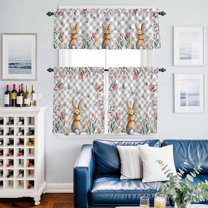 Kitchen Curtains Tiers and Valance Set of 3, Easter Light Filtering Window Curtain Set, Spring Rabbit Butterfly Botanical Florals Grey Plaid Rod Pocket Curtain Drapes for Living Room, 36 Inches Tiers