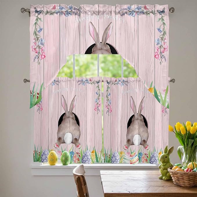 Swag Valance Curtains, Easter Cute Rabbit and Colorful Eggs Rod Pocket Valances Swag Topper for Kitchen Windows, Pink Farm Wooden Barn Light Filtering Short Curtain for Bedroom Bathroom 56x36In