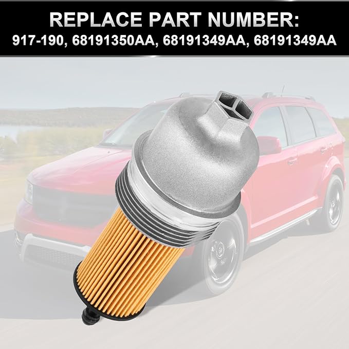 Upgrade Aluminum Engine Oil Filter Housing Cap with Oil Filter Compatible with Jeep Wrangler Chrysler 200 300 Dodge Charger Challenger Ram 1500 ProMaster Replace# 917-190 68191349AA (W/O BYPASS STYLE)