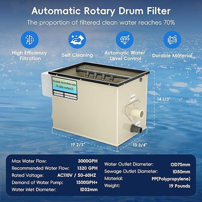Rotary Drum Filter-3000GPH, 110V-240V High Pressure Cleaning Drum Filter, Fully Automatic Self-Cleaning Filter for Koi Pond, Fish Pond, Aquarium, Fish Farm, Seedling Cultivation Base, Aquaculture