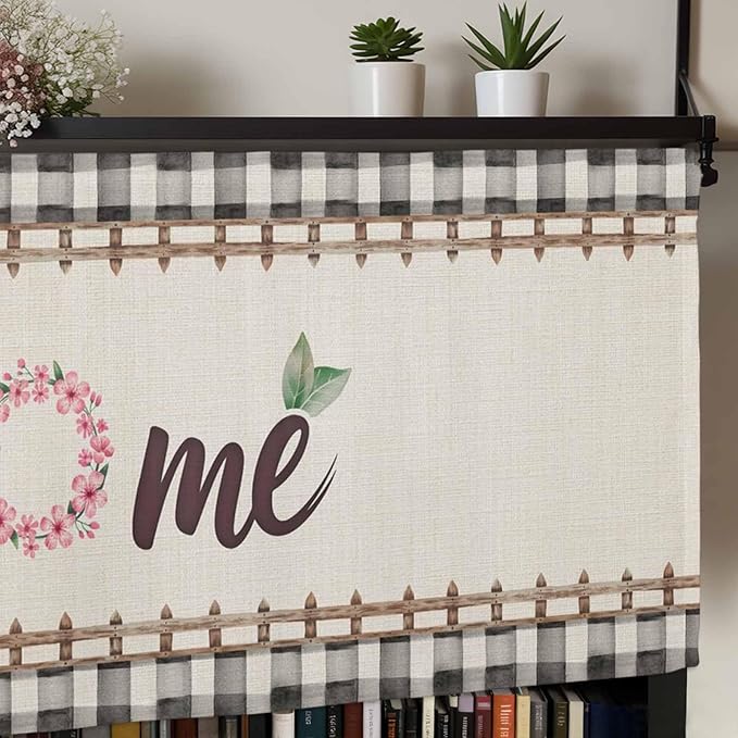 Spring Flowers Curtain Valances for Windows, Kitchen Valance Window Treatment, Vintage Watercolor Black Plaid on Linen Light Filtering Block Curtains for Bathroom/Bedroom/Living Room 60'' x 18''