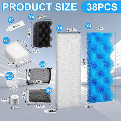 36 Pcs Aquarium Filter Media Kit Compatible with Fluval 306/307, Canister Maintenance Replacement Including 24 Bio Foam Pad, 2 500g Ceramic Rings, 2 Filter Bags, 6 Activated Carbon, 2 Grease