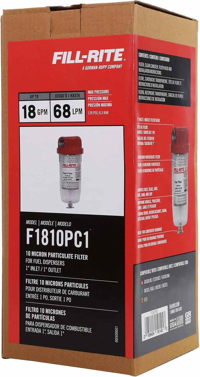 Fill-Rite F1810PC1 1" 18 GPM (68 LPM) 10 Micron Particulate Fuel Filter with Drain (Clear Bowl)