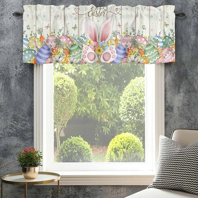 Happy Easter Curtain Valances for Windows, Kitchen Valance Window Treatment, Spring Colorful Eggs Rabbit Ear Feet Flowers Light Filtering Block Curtains for Bathroom/Bedroom/Living Room 42'' x 18''