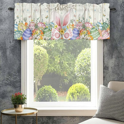 Happy Easter Curtain Valances for Windows, Kitchen Valance Window Treatment, Spring Colorful Eggs Rabbit Ear Feet Flowers Light Filtering Block Curtains for Bathroom/Bedroom/Living Room 54'' x 18''