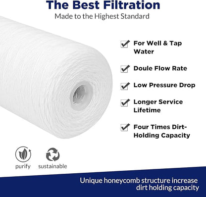 Membrane Solutions 1 Micron 10"x4.5" String Wound Whole House Water Filter Replacement Cartridge Universal Sediment Filters for Well Water - 4 Pack