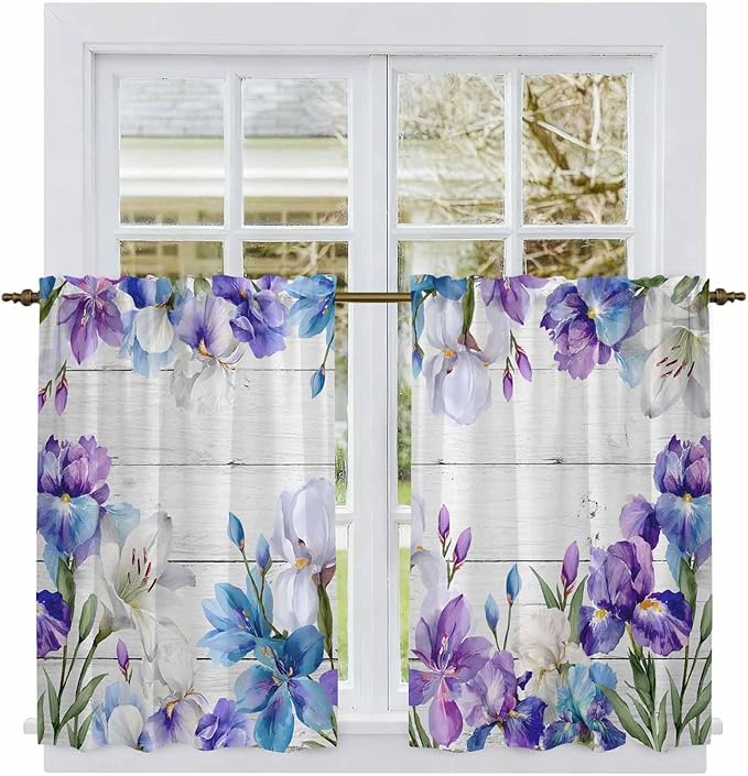 Spring Flowers Kitchen Curtains, Watercolor Garden Florals Wooden Grain Light Filtering Window Curtain Panels, 2Pcs Rod Pocket Window Treatments Set for Study Room Bathroom Bedroom 52x54 Inches