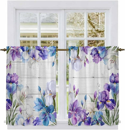 Spring Flowers Kitchen Curtains, Watercolor Garden Florals Wooden Grain Light Filtering Window Curtain Panels, 2Pcs Rod Pocket Window Treatments Set for Study Room Bathroom Bedroom 52x54 Inches