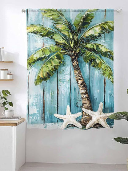 Sheer Curtains 63 Inch Length, Coastal Beach Starfish Semi Sheer Curtains Light Filtering Window Treatment, Blue Green Tropical Palm Tree Wood Grain Privacy Voile Drapes for Living Room 52x63 Inch