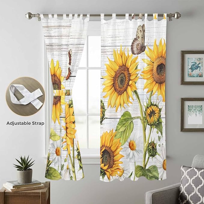 Yellow Sunflowers Living Room Curtains 96 Inch Length, Window Curtains Tab Top, Vintage Country Flowers Butterfly Wood Board Light Filtering Window Treatments Drapes 52"x96" 2 Panel