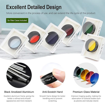 Astromania Telescope Filter Set, 1.25 inches Six Color Filters Kit (Red, Orange, Yellow, Green, Dark Blue, Light Blue), Telescope Accessories to Enhance Moon Planetary View for Astronomical Telescopes