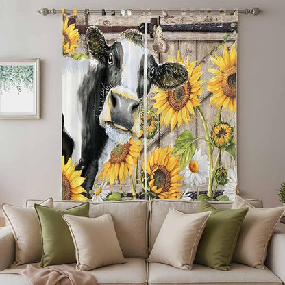 Retro Farmhouse Flower Living Room Curtains 96 Inch Length, Window Curtains Tab Top, Yellow Sunflowers Cow Barn Doors Brown Light Filtering Window Treatments Drapes 52"x96" 2 Panel