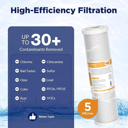 Membrane Solutions 5 Micron 2.5" x 10" CTO Carbon Block Water Filter Cartridge Replacement for Whole House Filtration Systems, Compatible with WFPFC8002, WFPFC9001, FXWTC, WHKF-WHWC, 4-Pack