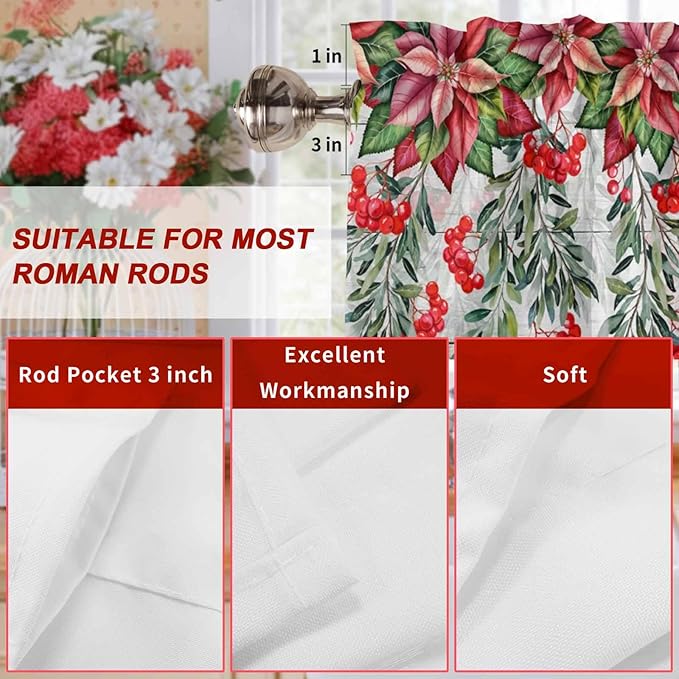 Poinsettia Berry Valance Curtains for Kitchen, Red Floral Winter Plants Vintage Wood Grain Privacy Rod Pocket Valance Curtain, Light-Filtering Window Treatment for Bedroom Bathroom, 54"x18"