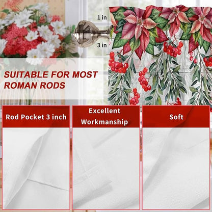 Poinsettia Berry Valance Curtains for Kitchen, Red Floral Winter Plants Vintage Wood Grain Privacy Rod Pocket Valance Curtain, Light-Filtering Window Treatment for Bedroom Bathroom, 54"x18"