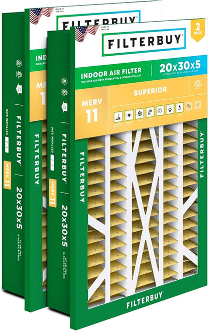 Filterbuy 20x30x5 Air Filter MERV 11 Superior Pet & Allergy Defense (2-Pack), Electrostatic Pleated HVAC AC Furnace Filters Replacement for Honeywell Return Grille (Actual Size: 18.38 x 28.63 x 3.69)