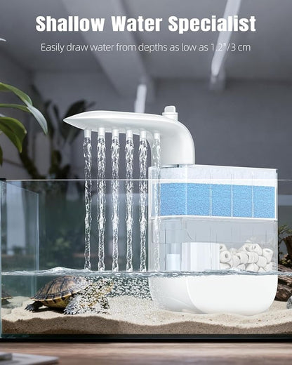 Pawfly 106 GPH 5 W Turtle Tank Filter, Low Water Level Turtle Filter for 5-30 Gallon Tanks, Ultra Quiet Adjustable Internal Filter for Turtle Tanks, Mechanical & Bio-Filtration Turtle Water Filter