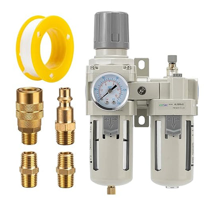 3/8" NPT Compressed Air Filter Regulator Lubricator Combination,Water/Oil Trap Separator (0-150 PSI), Oil Water Separator,Semi-Automatic Drain, Suitable for Pneumatic Systems