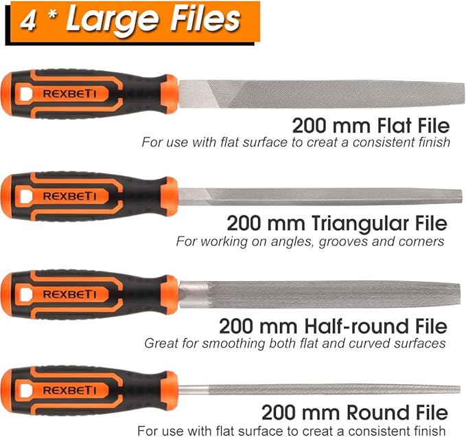 REXBETI 25Pcs Metal File Set, Premium Grade T12 Drop Forged Alloy Steel, Flat/Triangle/Half-round/Round Large File and 12pcs Needle Files with Carry Case, 6pcs Sandpaper, Brush, A Pair Working Gloves