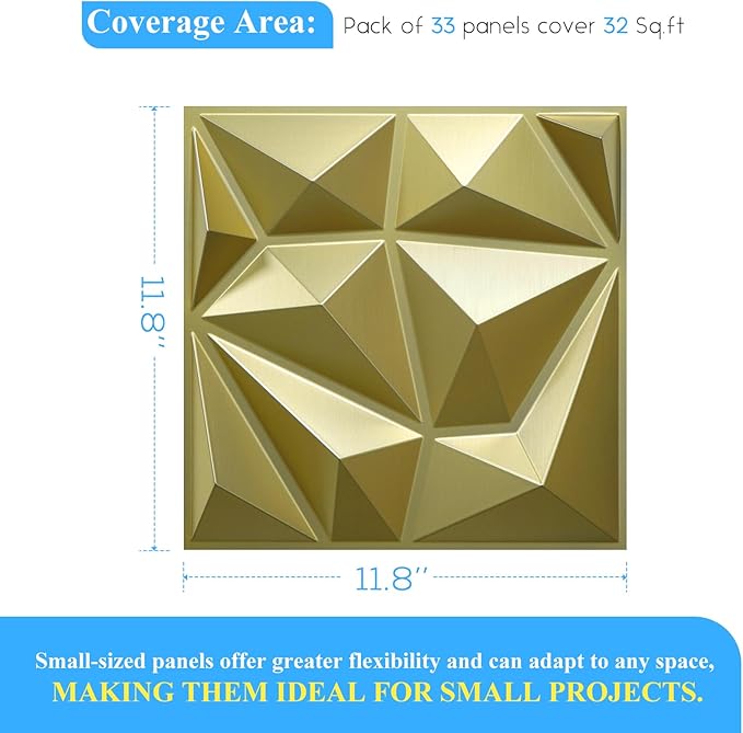 33 Pack Decorative 3D Wall Panels for Interior Wall Decor,12''x12'' Champaign Gold Diamond Design Accent Wall Panles for Living Room,TV Wall Background,Bedroom