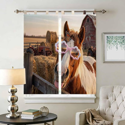 Farm Horses Living Room Curtains 84 Inch Length, Window Curtains Tab Top, Farmhouse Barn Funny Animals Butterfly Light Filtering Window Treatments Drapes 42"x84" 2 Panel