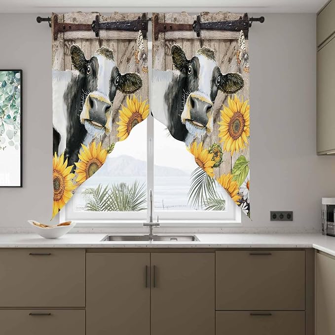 Retro Farmhouse Flower Swag Valances for Windows, Yellow Sunflowers Cow Barn Doors Brown Rod Pocket Kitchen Curtains Valance, Kitchen Window Curtains Swag for Cafe Living Room, 2 Panels, 36x63 inch