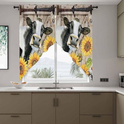 Retro Farmhouse Flower Swag Valances for Windows, Yellow Sunflowers Cow Barn Doors Brown Rod Pocket Kitchen Curtains Valance, Kitchen Window Curtains Swag for Cafe Living Room, 2 Panels, 36x45 inch