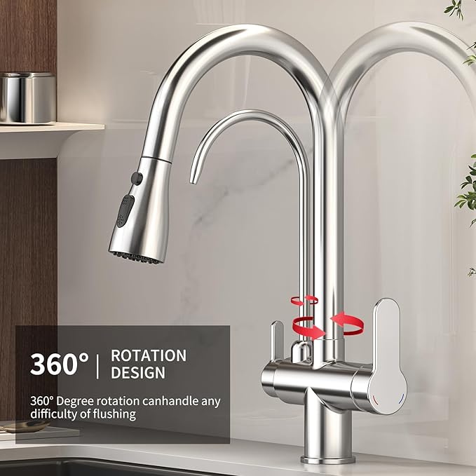Kitchen Sink Faucet with Pull - Down Sprayer, 2 - Handle 3 - in - 1 Kitchen Sink Filter Faucet, Cold and Hot Mixer Drinking Water Faucet (3-in-1 Filter Faucet, Chrome)