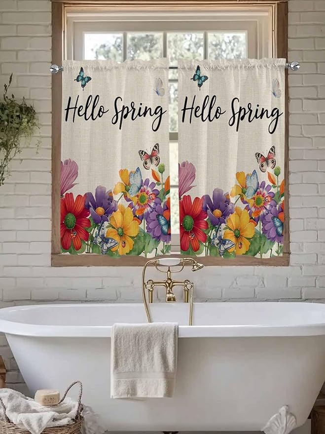 Spring Flowers Kitchen Curtains 45 Inches length, Farmhouse Vintage Country Colorful Floral Window Treatment Curtain Drapes, Lightweight Window Panels for Living Room Bedroom, 52"x45", 2 Panels