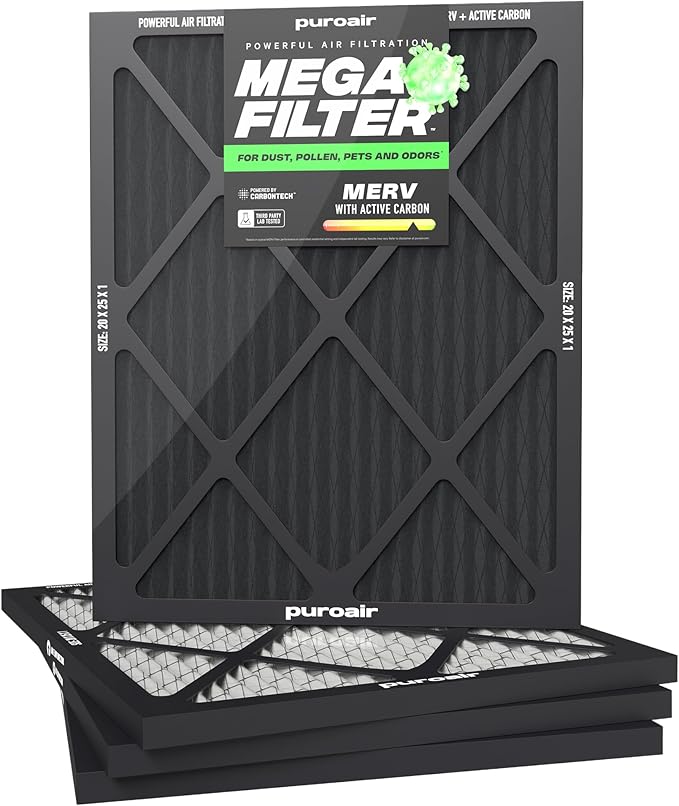 PuroAir MegaFilter - 20x25x1 Air Filter MERV 13 Activated CarbonTech Defense - Heavy Duty 3 Layer Furnace Filters Allergens, Pollen, Dust, Pet Dander, Smoke, Odors - HVAC Air Filter 20x25x1 (4-Pack)