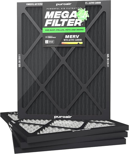 PuroAir MegaFilter - 20x25x1 Air Filter MERV 13 Activated CarbonTech Defense - Heavy Duty 3 Layer Furnace Filters Allergens, Pollen, Dust, Pet Dander, Smoke, Odors - HVAC Air Filter 20x25x1 (4-Pack)