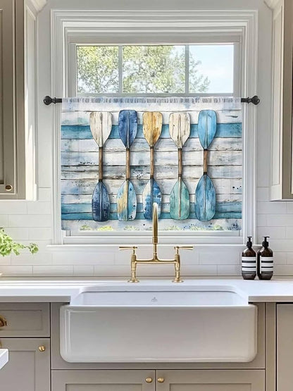 Sheer Curtains 45 Inch Length, Lake Paddle Striped Semi Sheer Curtains Light Filtering Window Treatment, Watercolor Vintage Wood Grain Privacy Voile Drapes for Living Room Bedroom 52x45 Inch