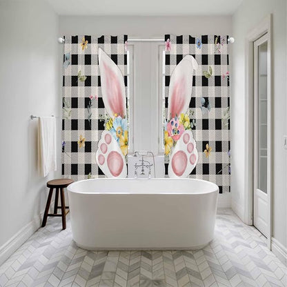 Easter Window Curtains 72 Inch Long 2 Panel Set,Rod Pocket Long Curtains & Drapes,Spring Rabbits Ears Feet Wildflowers Black Plaid Light Filtering Window Treatment for Bedroom Living Room 52"W x 72"L