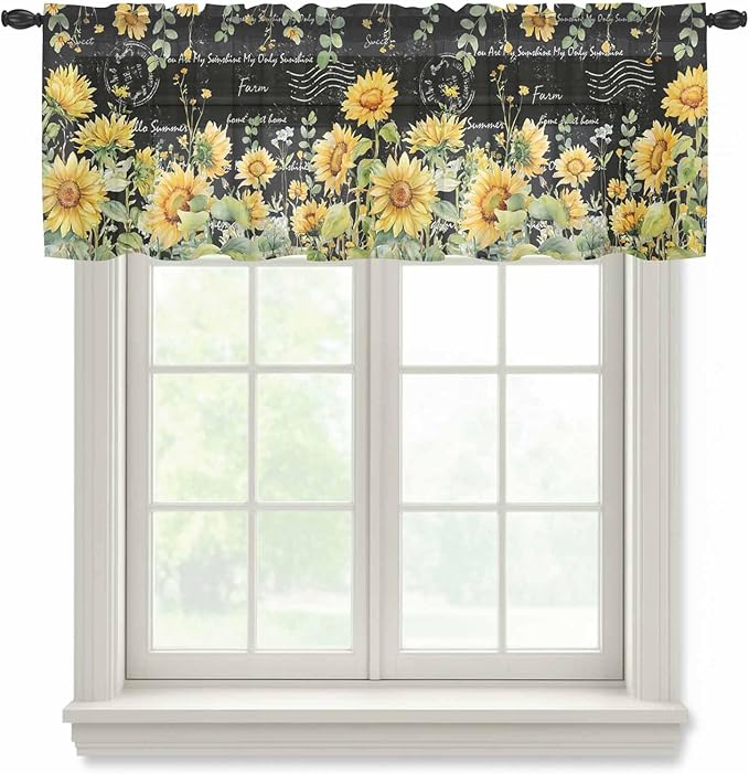 Summer Floral Sheer Valance Curtains, Watercolor Sunflower Eucalyptus Leaves Letter Print Light Filtering Kitchen Valances Rod Pocket Voile Curtain Treatment for Bedroom/Living Room/Basement 42Wx12L