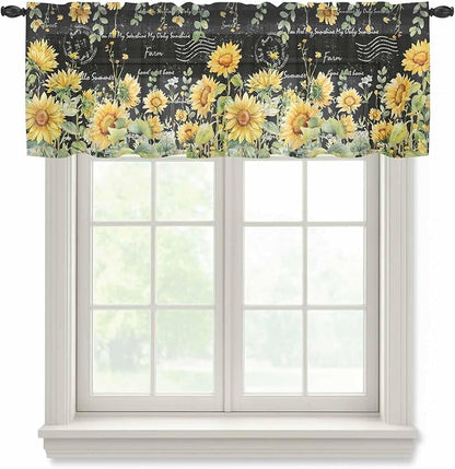 Summer Floral Sheer Valance Curtains, Watercolor Sunflower Eucalyptus Leaves Letter Print Light Filtering Kitchen Valances Rod Pocket Voile Curtain Treatment for Bedroom/Living Room/Basement 54Wx18L