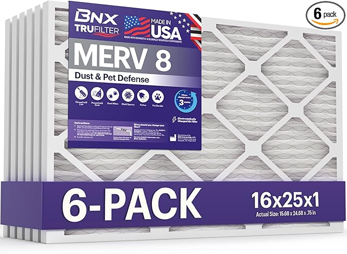 BNX TruFilter 16x25x1 Air Filter MERV 8 (6-Pack) - MADE IN USA – Dust & Pet Defense Electrostatic Pleated Air Conditioner HVAC AC Furnace Filters for Dust, Pet, Mold, Pollen MPR 600 – 700 & FPR 5