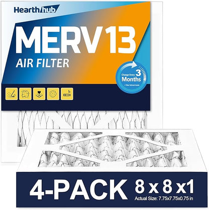 8×8×1 MERV 13 Furnace Air Filters - HVAC/Furnace AC Filter Replacement (Actual Size 7.75x7.75x0.75) - Pleated Dust Defense Air Conditioner Filters for Home Office (4 Pack)