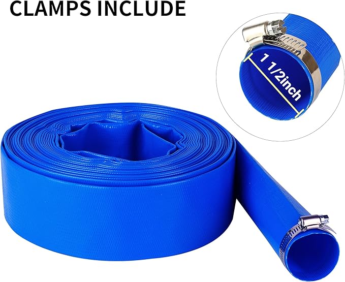 1-1/2" (Flat 2.6’’ width) x 50 FT Pool Backwash Hose, Blue Heavy Duty Reinforced PVC Lay Flat Water Discharge Hose for Swimming Pool Filter Pump,with 2 Clamp