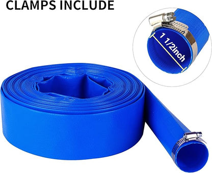 1-1/2" (Flat 2.6’’ width) x 50 FT Pool Backwash Hose, Blue Heavy Duty Reinforced PVC Lay Flat Water Discharge Hose for Swimming Pool Filter Pump,with 2 Clamp