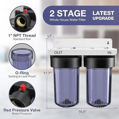 SimPure Whole House Water Filter System, 2 Stages Clear Home Water Pre-Filtration with Carbon and KDF Filters, Reduce Iron, Chlorine, Manganese, Heavy Metals, 1" NPT Brass Port(DB10C-2KDF)
