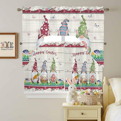 Swag Valance Curtains, Happy Easter Gnomes with Eggs on Grass Rod Pocket Valances Swag Topper for Kitchen Windows, Spring Floral on Wood Barn Light Filtering Short Curtain for Bedroom Bathroom 56x36In