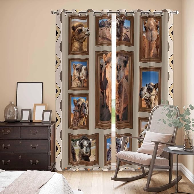 2 Panel Kitchen Cafe Curtains, Desert Camels Sunlight Filtering Nature Air Through, Home Decor Window Covering Tier Curtains for Living Room 80W x 84L inch Western Wildlife Brown Animals Country