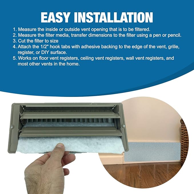Air Vent Filters Kit, 120"X 10" Cut to Fit Vent Filters for Home and Business. Electrostatically Charged Air Filter Material & 1/2 Adhesive Coins Engineered for use in HVAC, AC & Heating.